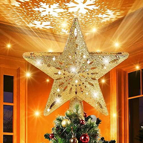 Estrela iluminada do topper de árvore de Natal do ZDKGER com projetor de floco de neve rotativo LED, 3D Glitter