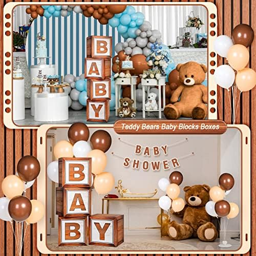 4 peças caixas de chá de bebê caixas de balão marrom de grãos de madeira com bloqueios de letras de bebê