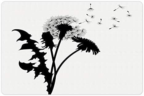 Ambesonne Flower Pet tapete para comida e água, ilustração monocromática de dente-de-leão e voando em pano