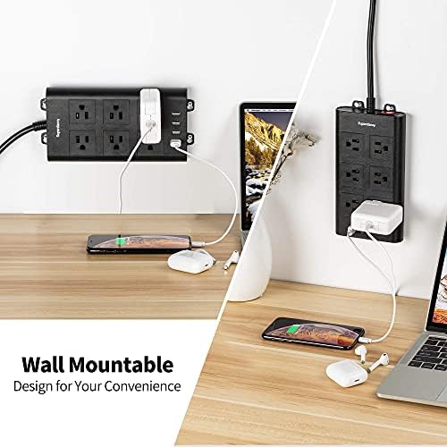 Power Strip, Superdanny Wall Mount Surge Protector 6 pontos de venda e 4 portas USB com cabo de extensão de