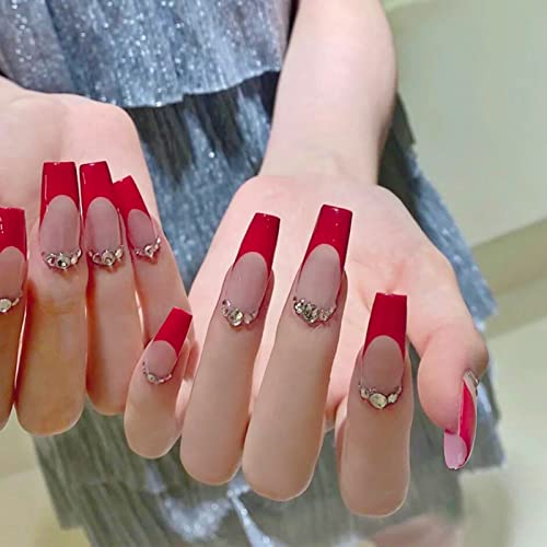Yosomk French Tip Press On Unhas Long With Designs Red Strasss Red False Fake Nails Pressione no Coffi