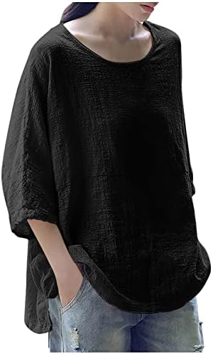 Moda feminina sólida de pescoço redondo solto 3/4 de manga Tops de camiseta de camiseta