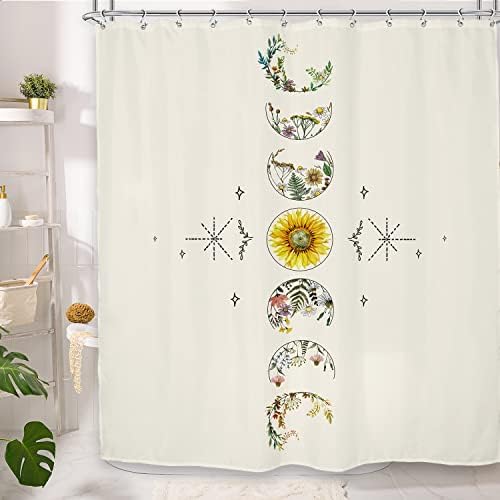 Cortina de chuveiro floral lghtyro boho, cortina de chuveiro da fase estética da lua, cortina de chuveiro bege
