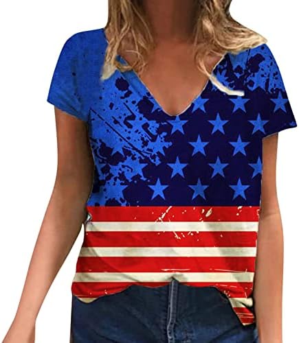 Basics Camisa feminina Mulheres American Star Flag Top Camiseta V Camisa de pescoço Moda de manga curta Top