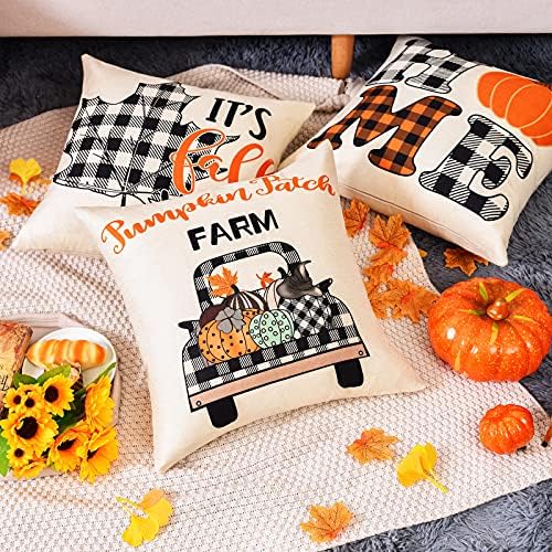 Tafeas de travesseiro de outono do ToseWever 18x18 Conjunto de 4, Buffalo Check Pumpkin Pumpkin Feliz