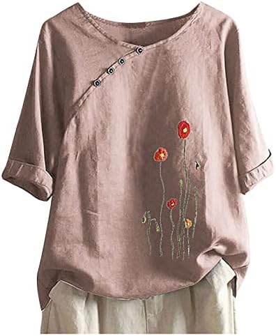 Caminhadas de linho de algodão feminino Tops de verão Camisa de túnica vintage Floral camisetas de deco