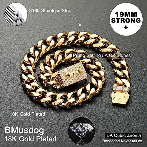 BMUSDOG Gold Chain Dog Collar com bling bling cz dinonds 19mm de serviço pesado grossa 18k Chain de