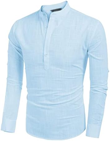 Camisa de linho de algodão masculino Henley Slave de manga comprida Button Down Beach ioga camisas de verão