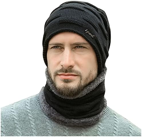 Hat de gorro de inverno quente e cachecol conjunto para homens lã de lã grossa forrada chapéu de chapéu de caveira