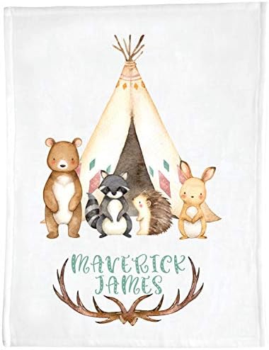 Animais da Floresta e Tenda - Monograma de Baby Blanket - Foffe - Fleece 50 x 60