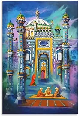 Poster de arte de pintura a óleo de dançarinos tocando música em um templo religioso no Paquistão pintando pôsteres