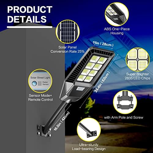 Akofun 2 pacote de 800w Luz de rua solar, 50000 Lumens Dusk para Dawn Solar Luzes ao ar livre Sensor de