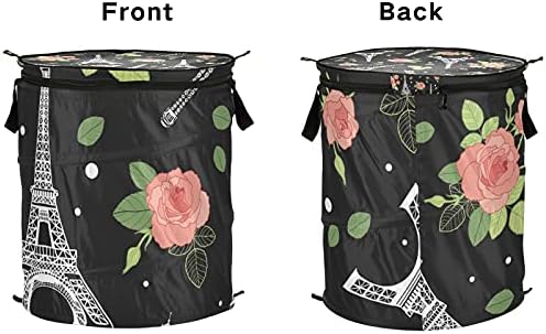 Eifel Tower Paris Roses Pop -up Lavanderia cesto com tampa cesta de lavanderia dobrável com alças Organizador de