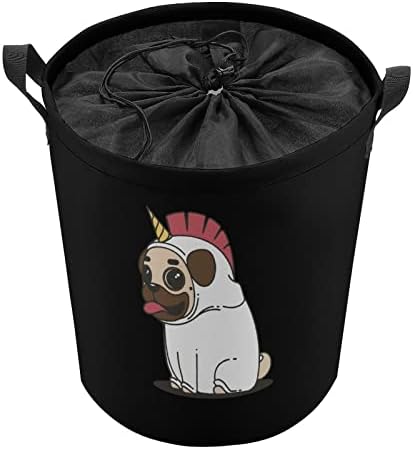 Cute Pug Dog Unicorn Cesto de roupa dobrável Cesto de roupas seladas Organizador com maçaneta durável para o quarto