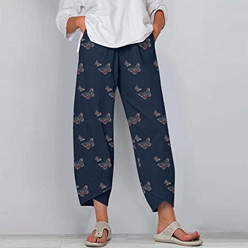 Calças de linho de algodão casual de verão para mulheres calças de perna reta larga de cintura alta com bolsos