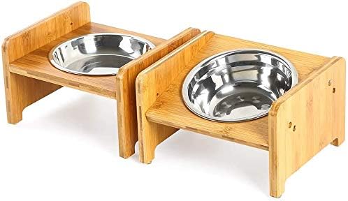 Conjunto de 2 tigelas de estimação elevadas para gatos e cães pequenos - bambu inclinado com alimentos