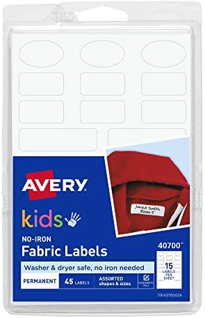 Avery No-Iron Kids Roupeling Rótulos, lavadora e secadora seguros e graváveis ​​rótulos de tecido, 45 maiúsculas,