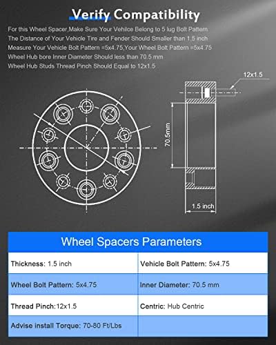 Eccpp 2x 1,5 polegada 5 LUG HubCentric Wheel Spacers 5x4.75 a 5x4.75 70,5mm com 12x1,5 pregos ajustados