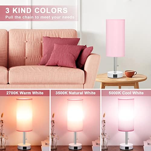 Lâmpada de mesa de cabeceira de Hong-in com 3 modos de cores-Lâmpada rosa para quarto com portas de carregamento