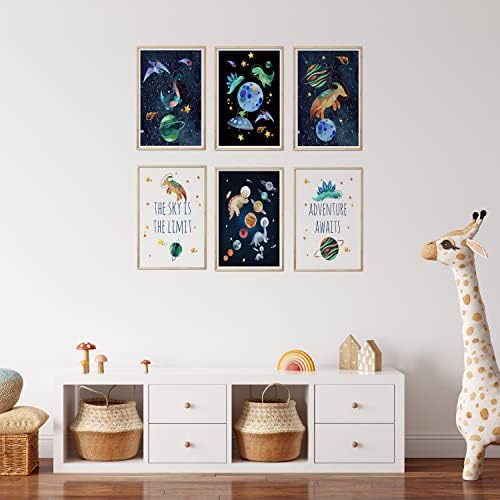 Conjunto de Urroa de 6 dinossauros espaciais Arte de parede imprimível, download digital, decoração do berçário espacial, estampas espaciais externas, Dinos Boy Bedroom Decor