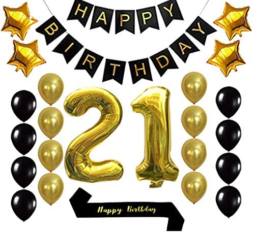 Decorações de aniversário de 21º Balão de Balão - Feliz Aniversário Banner, 21 Balões de Gold Number, balões