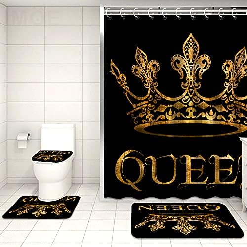 OUELEGENT 4PCS Queen chuveiro conjunto de cortinas com tapetes não deslizantes Tampa da tampa do banheiro e tapete
