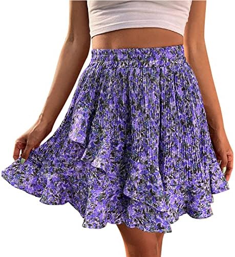 MANHONG Feminino Império do verão da cintura Ruffle Mini Skirt Floral imprimiu uma linha de caça de maiô de meninas