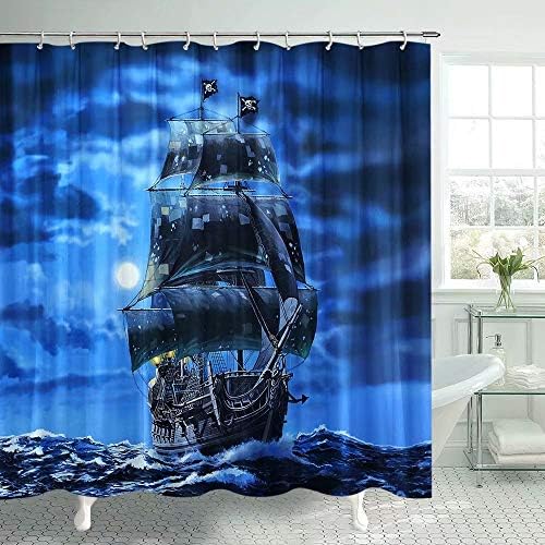 Cortina de chuveiro de navio pirata para banheiro náutico Fantasia oceânica Oceano vintage Pirata Ship