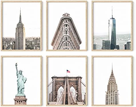 Haus e tons de arte de parede da cidade de Nova York e pôsteres de Nova York - Conjunto de 6 pôsteres da cidade de Nova York e arte de parede de Nova York | New York Wall Decor New York City Skyline NYC Decoração de parede | 8 x 10 sem moldura