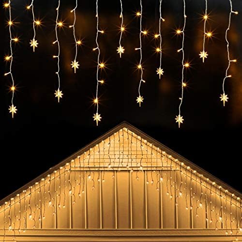 Twinkle Star ICICLELLINDS, Luz de Natal ao ar livre 150 Luzes de cortina de arame brancas 30 gotas,