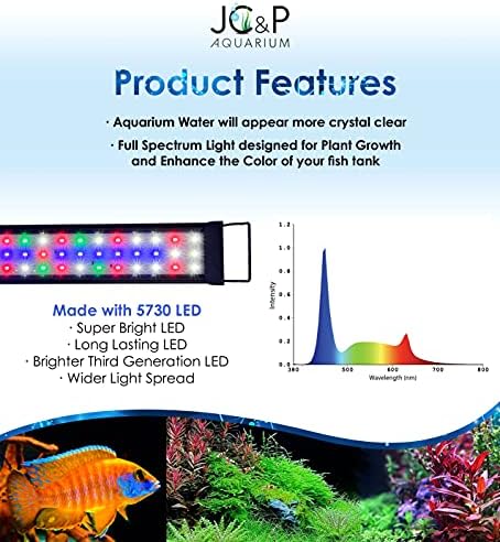 JC & P Full Spectrum Aquarium Light Light com suportes extensíveis com LEDs aquáticos vermelhos,