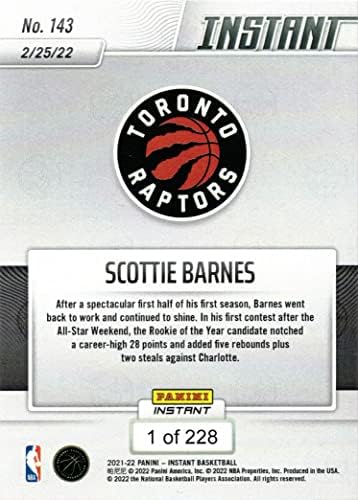 2021-22 Panini Instant Basketball 143 Scottie Barnes Rookie Card Raptors - Apenas 228 feitos!
