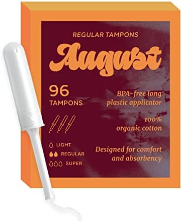 Tampas orgânicos de agosto, absorvância regular, aplicadores longos sem BPA, sem toxinas, livre de fragrâncias,