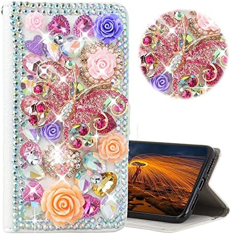 Caixa de telefone Glitter Wallet Compatível com iPhone XR 2018, AS -ZEKE 3D Série artesanal Série Butterfly Rose