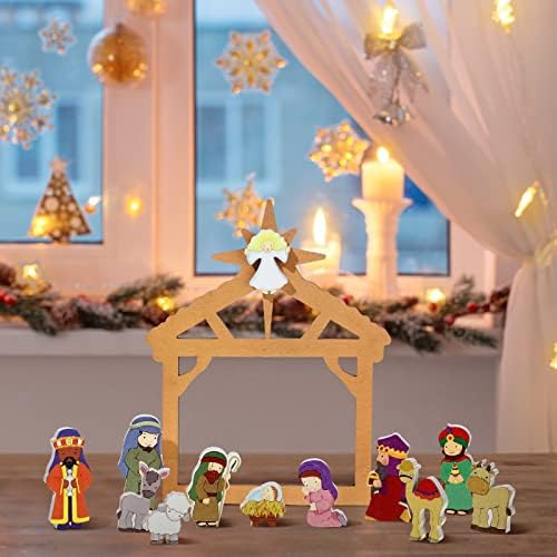 Bandeekay 13 PCs Pequeno Natal Crianças Natividade Cenário de madeira Conjunto de madeira Mini Pessoas