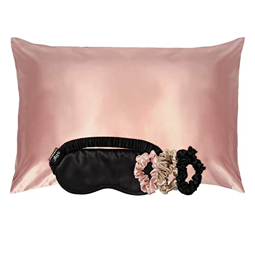 Passagem pura de seda pura, máscara de sono + pacote de scrunchies grandes - inclui uma fronha queen seda,