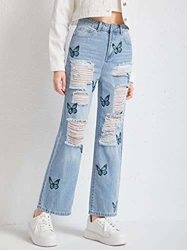 Jeans de borboleta gráfica de Wdirara Girl Ripped Jeans Straight perna reta Jean calça Jean Wash 140