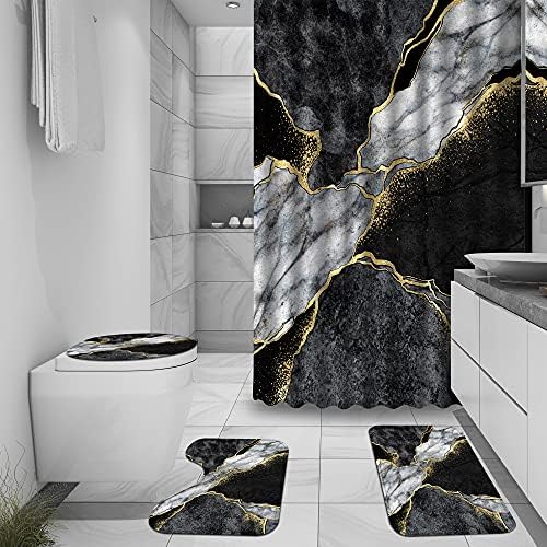 4 PCS Conjuntos de cortinas de chuveiro de mármore, linhas douradas de cristal geode de decoração de banheiro