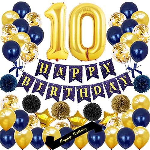 Yujiaonly 10º aniversário decorações de festa Banner de aniversário feliz número de ouro 10º balões Feliz