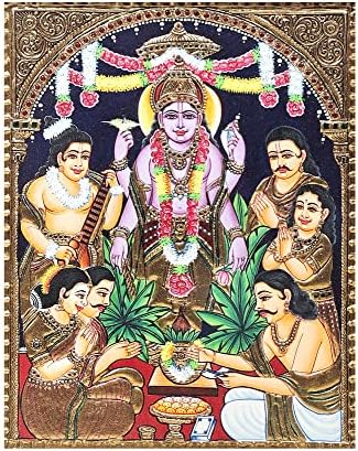 Índia exótica 15 x 18 Lord Vishnu Tanjore Pintura | Cores tradicionais com ouro 24K | Quadro de teakwood