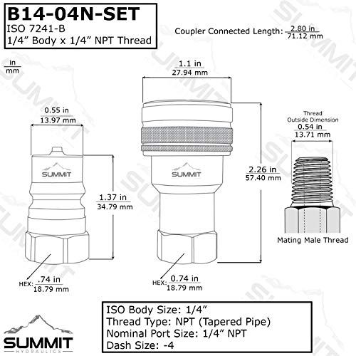 1/4 NPT ISO 7241-B Quick Desconect Hydraulic Coupling/acoplador Conjunto com tampas de poeira