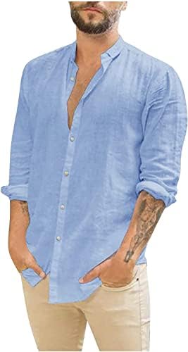 Botão de linho de algodão masculino Camisa casual Summer mangas compridas camisas de praia Camisa de cor sólida