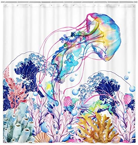 Cortina de chuveiro do oceano, cortinas de chuveiro de água -peixe aquarel