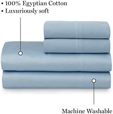 Martha Stewart Emerson King Size Sheets - Conjunto de 4 peças | Algodão egípcio | 1 folha plana - 1 folha ajustada - 2 fronhas | Lençóis duráveis ​​e respiráveis ​​| Cuidado fácil | Azul macio