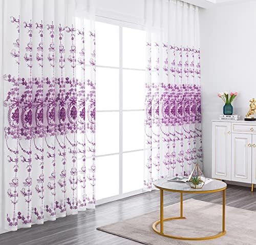 Cortinas semi -pura daesar para o quarto 2 painéis, cortinas de ilhós cortinas de voz de linho bordado roxo