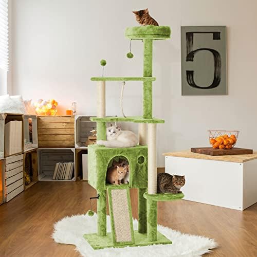 TSCOMON 64in Grande Cat Tree Cat Tower Para gatos internos, casa de gato de móveis de gato de vários níveis Casas de gato com brinquedos de bola e postes de arranhões de sisal para gatinhos