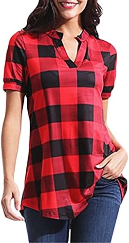Andongnywell Tops xadrez casual para mulheres camiseta casual blusa estampada de manga curta Camiseta