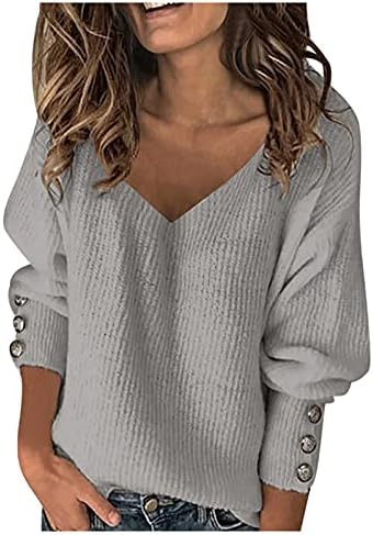 Camisolas para mulheres elegantes malhas de cor sólida tops casuais de manga comprida V suéter de pulôver