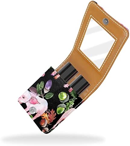 Caixa de batom de batom de viagem Guerotkr, saco de maquiagem portátil de batom com espelho, padrão de folha de animais de porco rosa padrão