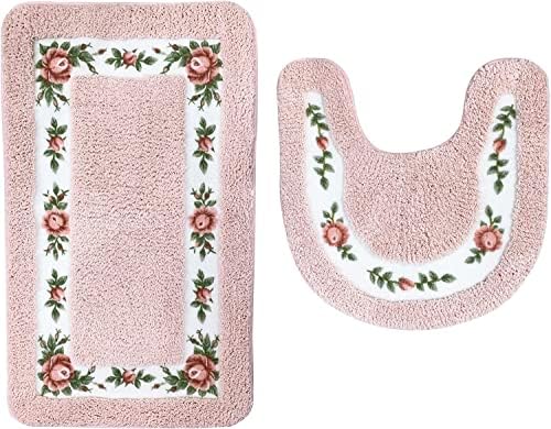 Poowe Floral Rose Banheiro Rugs Conjunto de 2 peças, tapete de chuveiro de microfibra e tapete de vaso